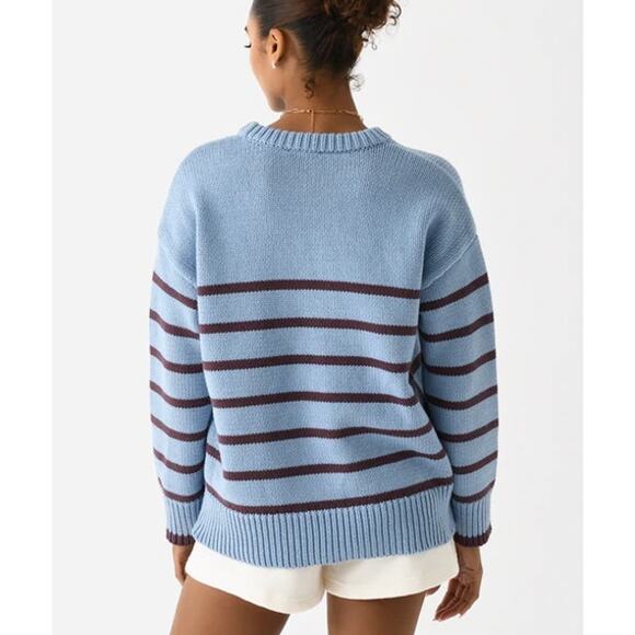 Z Supply Boyfriend Stripe Long Sleeve Knit Pullover Sweater Blue Brown Small - Picture 2 of 6
